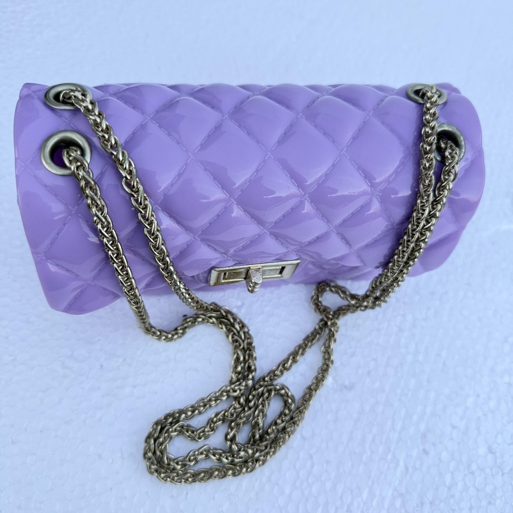Quilted Crossbody Bag Womens Small Purple PVC Chain Strap Shoulder Turn Lock - Picture 6 of 9